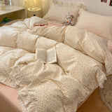 Popxstar  4Pcs Vintage French Fresh Floral Lace Ruffles 100% Cotton Bedding Set Duvet Cover Bed Skirt/Bed Sheet/Fitted Sheet Pillowcases