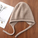 Popxstar 100%Pure Wool Women's Winter Knitted Hats Cute Lace-up Students Pullover Hat Autumn Winter Warm Windproof Earflap Beanies Female