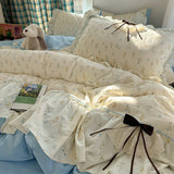 4Pcs Bedding Set Euro Princess Bedding Duvet Cover Cotton 100% Lace Bow Bed Linen With Ruffles Double Bed Lace Pillowcase