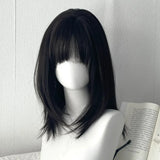 Popxstar Y2K Wig for Women Black Medium Long Straight Hair Natural Simulation Daily Use Wig with Bangs Short Hair Bob Wig