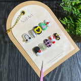 10pcs Lovely Cat Eye Press on Nails Red Bow Polka Dots Stick on Nails Glitter Pearl Rhinestone False Nails Short Squoval Nail