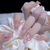 popxstar 24Pcs Mid-Length Fake Nails 3D Flower Pearl Designs Nude Pink Color Press on Nails Ballerina False Nails for Women DIY Manicure