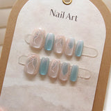 Popxstar 10pcs Short T Blue Mermaid Cat's Eye Handmade  Press on Nail False Nails Square Head Girl Lady Wearable Detachable Nail Tips