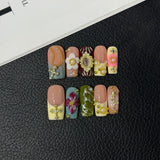 10pcs Sweet Cool Hot Girl Press on Nails 3D Embossed Flower False Nails Broken Diamond Pearl Nail Art French Square Fake Nails
