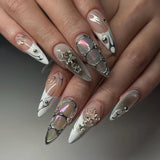 Popxstar 24Pcs Solid Color Grey Almond Fake Nail Cat's Eye Design Wearable Round Head False Nails with Shiny Powder Press on Nails