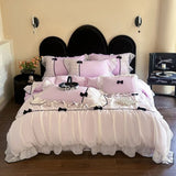 Popxstar Romantic Lace Princess Black Bow Bedding Set Pink Korean Style Duvet/Comforter Cover Set Bed Sheet/Fitted Sheet Pillowcases 4Pcs