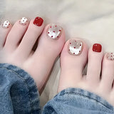 Popxstar  Glossy Red Cat's Eyes Fake Toenails 24Pcs Simple Charm Press On Toe Nails Women Girls Summer Barefoot Decor Stick-on False Nails