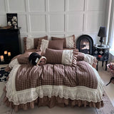 Popxstar  Vintage French Plaid Lace Ruffles 100% Cotton Bedding Set Duvet Cover Set Bed Sheet/Bed Skirt/Fitted Sheet Pillowcases 4Pcs