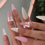 Popxstar  Nude Pink Almond Fake Nails Women Simple Charm Manicure Full Cover Press on Nails Bowknot Printed Detachable False Nails 24Pcs