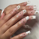 Popxstar 24Pcs Short Ballet False Nails with Bow Design White French Press on Nails Wearable Square Head Full Cover Fake Nail Manicure