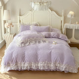 Popxstar  Romantic Lace Ruffles Princess Style Bedding Set Carved Velvet Warm Winter Duvet Cover Flat/Fitted Bed Sheet Pillowcases 4Pcs