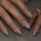 Popxstar 24pcs Short Almond Press on False Nails Flower Pink Gradient Pearl Design Fake Nails Bow Fashion Ins Datachable Manicure Tips