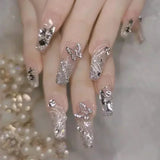 Popxstar 24Pcs Three-dimensional Love Heart False Nails with French Design Long Coffin Wearable Fake Nails Rhinestone Press on Nails Tips
