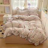 Popxstar  New cream lace girl powder grid Korean version bed four-piece set washed cotton double-layer yarn quilt cover dormitory