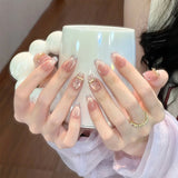 Popxstar  10Pcs Handmade Press On Nails Nude Pink Color Ballet Fake Nails Glossy Cat's Eyes Designs Full Cover False Nails Bowknot Decor