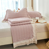 Popxstar  Natural Cotton Linen French Lace Soft Comfortable Quilted Bedspread, Bed Cover, Mattress Topper, Bed Sheet, Pillowcases 3Pcs