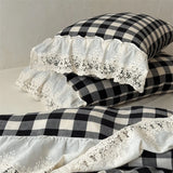 Popxstar  Vintage Black White Plaid Style Lace Ruffles 100% Cotton Double Yarn Soft Bedding Set Duvet Cover Bed Skirt Pillowcases 4Pcs