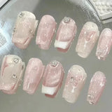 Popxstar 24Pcs Three-dimensional Love Heart False Nails with French Design Long Coffin Wearable Fake Nails Rhinestone Press on Nails Tips