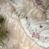 Popxstar  Premium Egyptian Cotton Luxury Wedding Bedding Set Flowers Embroidery Organza Lace Ruffles Duvet Cover Set Bed Sheet Pillowcases