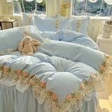 New INS Princess Style Bedding Sets Ruffle Lace Bow Quilt Cover Romantic Bedclothes Woman Girls Bedroom Duvet Cover 4pcs
