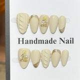 Popxstar  10pcs Yellow Short Almond Handmade False Nails Art with Golden Pattern Design Press on Nails Tips Wearable Christmas Fake Nail
