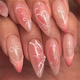 Popxstar Blush Pink False Nails Bowknot Diamond Pearl 3D Design Press on Nail Tips with Harmless Smooth Edge Nails Woman DIY Fake Nails