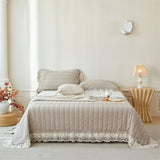 Popxstar  Natural Cotton Linen French Lace Soft Comfortable Quilted Bedspread, Bed Cover, Mattress Topper, Bed Sheet, Pillowcases 3Pcs