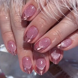 Popxstar 24Pcs Solid Color Grey Almond Fake Nail Cat's Eye Design Wearable Round Head False Nails with Shiny Powder Press on Nails