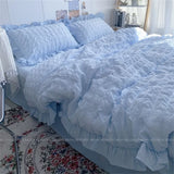 popxstar INS Girl Blue Bedding Sets Solid Color Seersucker Ruffles Lace  Kawaii Soft Sheet Woman Duvet Cover Pillow Covers Quilt Cover