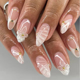 Popxstar  24Pcs Long Coffin Fake Nails Sweet Pink Ballet Press On Nails French Tips Ballerina False Nails Flower Bowknot Pearls Designs