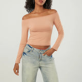 Women's Off Shoulder Crop Tops Solid Color Long Sleeve Slim Fitted T Shirts Aesthetic Pullovers Going Out Basics Tee Blouses Y2k
