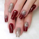 Popxstar Christmas Nails 24Pcs/Set Wine Red Long Ballet Fake Nails Gold Glitter Gradient Artificial Removable Acrylic Press on Nails Art Stick on Nails
