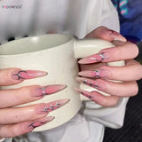 Popxstar  24Pcs Blush Pink Fake Nails with Silver Flame Designs Long Stiletto Press On Nails Spicy Girls Halloween Party Charm Manicure