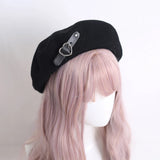 Popxstar Japanese Beret Harajuku Y2 Fashion Lolita Hat JK Hat Girl Beret Cute PU Chain Heart Love Wool Kawaii Women Hat Accessories