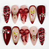 24pcs Red Cat Eye Press on Nails Pearl Heart Stick on Nails Bow French Fake Nails Sweet Cute Flower Nail Almond 3D False Nail