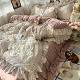 Popxstar 3/4Pcs Korean Princess Style Floral Ruffles Bedding Set Skin-friendly Soft Duvet Cover Set Bed Sheet Or Bed Skirt Pillowcases
