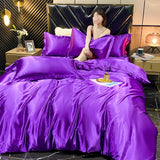 popxstar Solid Rayon Silk Bedding Set with Duvet Cover Bed Sheet Pillowcases Luxury King Single Double Couple Satin Pillow Case Bedsheet