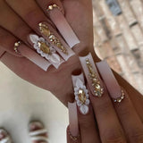Popxstar 24Pcs Ballet Nails Set Press on Green Flower Deisgn Long Square Head False Nails with Rhinestone Wearable Full Cover Fake Nail