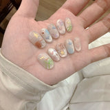 10pcs Cute Cat Eye Fake Nails Spring Simple Press on Nails Removable Hand Drawn Heart Star Moon False Nails Short Oval Nail Art