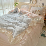 Popxstar Korean Princess Style Bedding Set Soft Skin-friendly Lattice Lace Ruffles Quilt Cover Plaid Style Duvet Covers Set Pillowcases