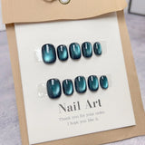Popxstar 10Pcs Short Ballerina Handmade Press on Nails Blue Cat Eye Fake Nails Wearable Stick-on Nails Full Cover False Nail Uñas 네일팁
