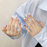 Popxstar  10Pcs French Almond Handmade Press on Nails Fake Nails with Cherry Pattern Wearable Stick-on Nails False Nail
