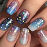 popxstar Shiny Blue Fake Nails 24Pcs Short Square Press On Nails Sparkly Gold Star Designs Reusable Acrylic False Nails Tips for Woman
