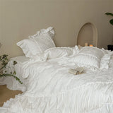 Popxstar  100% Cotton White Vintage French Princess Wedding Bedding Set Washed Cotton Pleated Ruffle Duvet Cover Bed Skirt Pillowcase 4Pcs