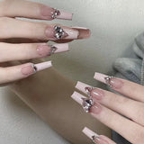 popxstar Black Y2K Press on Nails Long Coffin Pink Fake Nails with Diamond Designs Gradient Color Wearable False Nail for Women 2025 New