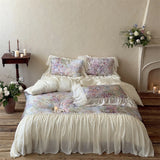 Popxstar  Flowers Print Chiffon Lace Ruffles Princess Bedding Set 600TC Lyocell Cotton Duvet Cover Flat/Fitted Bed Sheet Pillowcases 4Pcs