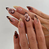 Popxstar  24pcs Wine Red False Nails Sets Finished Flower Design Long Almond Fake Nail Tips Detachable Fashion Spicy Girl Press on Nails