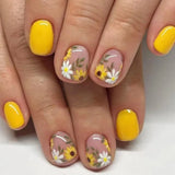 Popxstar  24pcs Yellow Short Square Press on Full Cover Nail Tips Glossy Finished Flower Design False Nail Art Wearable Fake Nail Set