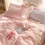 Korean Style Bedding Sets Pink Grid Bow Quilt Cover Romantic Bed Sheet Sets Woman Girls Bedroom Duvet Cover 4pcs