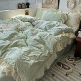 Popxstar Pink Korean Princess Style Lace Ruffles Bedding Set Skin-friendly Seersucker Duvet Cover Set Fitted Sheet/Bed Sheet Pillowcases
